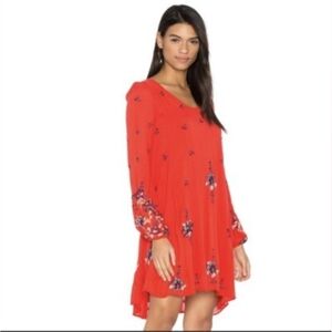 Free People- Women's XS  Oxford Floral Orange Red Dress Embroidered Long Sleeves